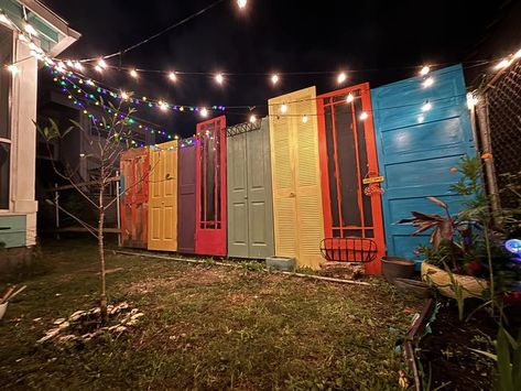 Recycle, Reuse and Repurpose! | I’ve been meaning to start this privacy fence using old doors forever and finally today I got into a good groove with it Privacy Fence Using Old Doors, Old Door Fence, Privacy Fence Decorating Ideas, Studio Backyard, Old Door Projects, Door Fence, Outdoor Fence, Door Projects, Doors Repurposed