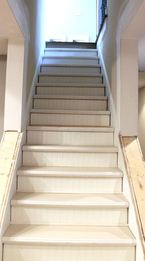 My EnRoute life: Ugly Basement Stairs update Plywood Stairs, Basement Stairs Remodel, Redo Stairs, Basement Staircase, Basement Steps, Basement Stairs Ideas, Stair Makeover, Basement Remodel Diy, Stairs Makeover