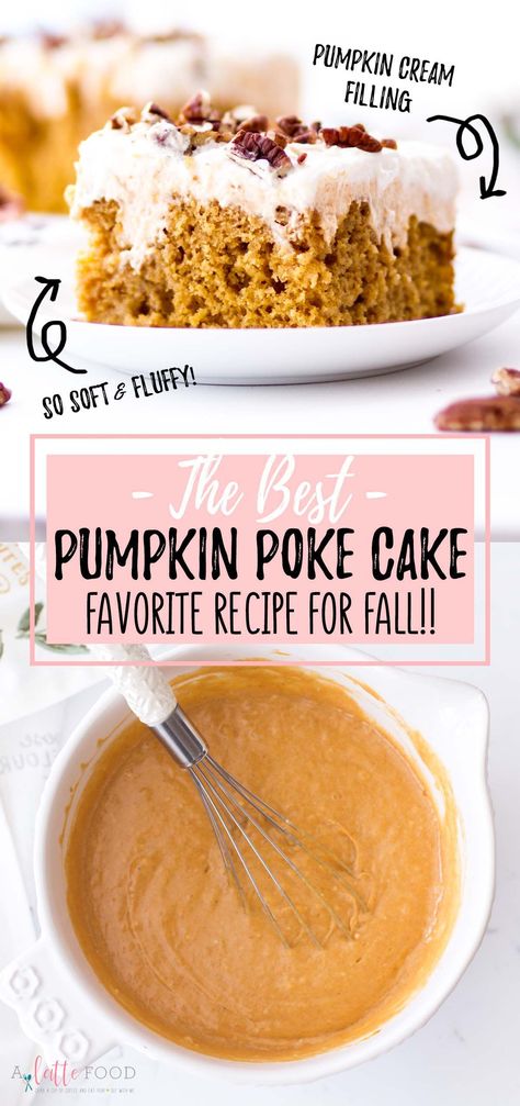 This easy Pumpkin Pie Poke Cake begins with white cake mix, pumpkin puree, pumpkin spices and is finished with a pumpkin cream filling, Sweetened Condensed Milk and a homemade cream cheese frosting. Easy Pumpkin Poke Cake, Pumpkin Pie Poke Cake, Pumpkin Poke Cake Condensed Milk, Pumpkin Poke Cake With Caramel, Caramel Pumpkin Poke Cake, Pumpkin Caramel Poke Cake Recipe, Cake Mix Pumpkin, Puree Pumpkin, Pumpkin Cake Mix