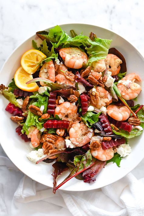 Sweet glazed pecans, roasted beets and goat cheese are added to fresh grilled shrimp over fresh spring lettuces to create a healthy meal in one bowl. Sweet Pecans, Salad With Shrimp, Beet And Goat Cheese, Shrimp Salad Recipes, Glazed Pecans, Foodie Crush, Goat Cheese Salad, Cheese Salad, Shrimp Salad