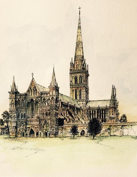 Salisbury Cathedral in England drawn with pen and ink Salisbury Cathedral Drawing, Cathedral Drawing, Ink Architecture, Color Sketches, Salisbury Cathedral, Architecture Sketchbook, Architecture Drawing Art, Salisbury, Board Ideas