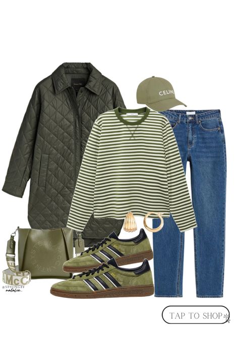 Green quilted jacket, green stripe sweatshirt, dark blue jeans, adidas Spezial trainers, Celine baseball cap, Stella McCartney bag. Everyday outfit, casual outfit, fall outfit, winter outfits. Green Spezial Adidas Outfit, Dark Green Sweatshirt Outfit, Striped Jacket Outfit, Country Casual Outfits, Celine Baseball Cap, Green Sweatshirt Outfit, Green Jacket Outfit, Adidas Spezials, Dark Green Sweatshirt