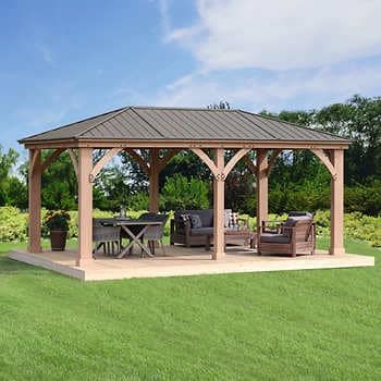 Pavillion Ideas, Cedar Gazebo, Gazebo Privacy, Outdoor Patio Shades, Arsitektur Art Deco, Backyard Structures, Pavilion Plans, Screened Gazebo, House Patio