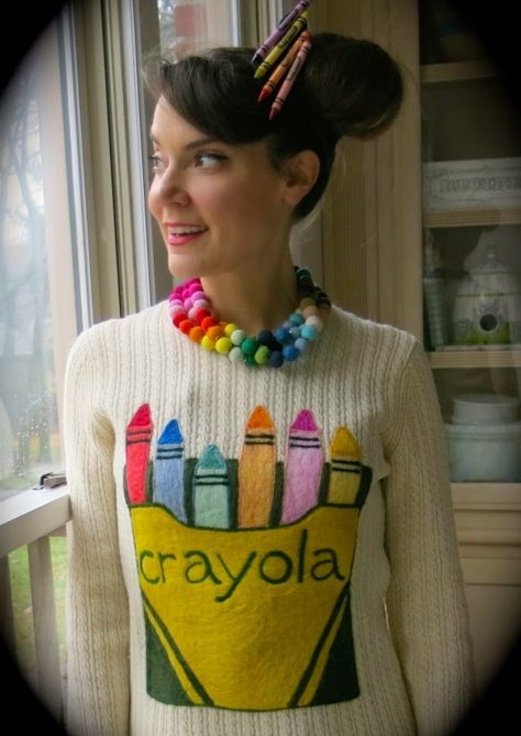 Cassie Stephens: DIY: A Crayola Sweater and a Giveaway! Crayon Costume, Art Teacher Outfits, Teacher Attire, Cassie Stephens, Teacher Costumes, Teacher Wear, Teacher Dresses, Teacher Wardrobe, Diy Kostüm