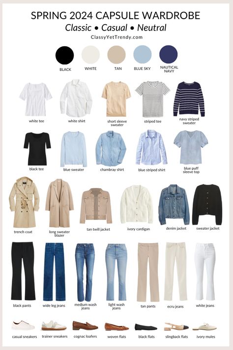 My 30-Piece Spring 2024 Classic Casual Neutral Capsule Wardrobe In My Closet - Classy Yet Trendy Women's Fashion Capsule Wardrobe, Classic Casual Outfits For Women Chic, Spring Capsule 2024, Spring Wardrobe 2024, Womens Spring Fashion 2024, Spring Casual Outfits 2024, Casual Minimalist Wardrobe, 2024 Spring Fashion, 2024 Capsule Wardrobe