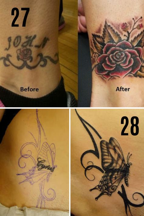 67 Name Cover Up Tattoo Ideas - TattooGlee Cover Up Name Tattoos, Cover Up Tattoos Before And After, Cover Up Tattoo Ideas, Up Tattoo Ideas, Rose Tattoo Cover Up, Cover Up Tattoos For Women, Wedding Band Tattoo, Name Covers, 3 Tattoo