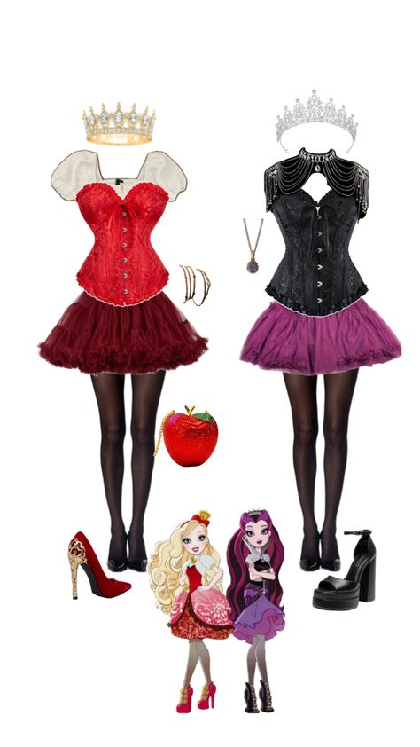 Halloween costume ever after high Apple White And Raven Queen, Girl Group Halloween Costumes, Raven Costume, Diy Group Halloween Costumes, Queen Halloween Costumes, White Halloween Costumes, Apple Costume, Cute Group Halloween Costumes, Trio Halloween Costumes