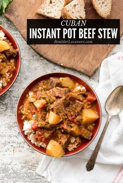 Cuban Instant Pot Beef Stew (Carne con Papas) is a hearty stew with tender chunks of beef, potatoes, in a richly spiced broth. Easy to make with irresistible flavors! #instantpot #easyrecipe #easydinner #beef #beefstew #cubanfood #glutenfree via @boulderlocavore Cuban Beef, Instant Pot Beef Stew, Beef And Potato Stew, Beef Potatoes, Papa Recipe, Stew Soup, Pot Beef Stew, Instant Pot Soup, Beef Stew Recipe