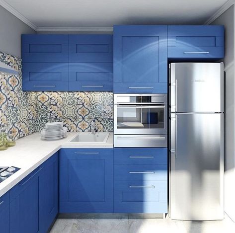 Small Modular Kitchen Ideas, Blue Kitchen Accents, Kitchen Design Ideas 2023, Kitchen Cabinet Colours, Blue Kitchen Appliances, Blue Kitchen Inspiration, Blue Kitchen Interior, Kitchen Open Concept, Cabinet Colours