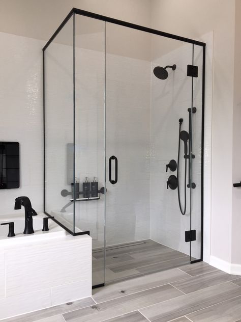 Custom frameless tempered glass shower enclosure, matte black finish hardware. Frameless Glass Shower Enclosure, Black Shower Doors, Clean Shower Doors, Framed Shower Door, Bathroom Shower Design, Glass Shower Enclosures, Frameless Shower Doors, Bathroom Remodel Shower, Frameless Shower