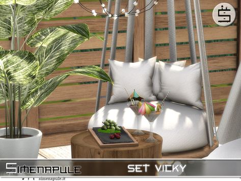 The Sims Resource - Set Vicky Sims 4 Cc Patio Set, Hanging Bed Sims 4 Cc, Sims 4 Cc Hammock, Sims 4 Hanging Chair, Sims 4 Cc Chair, Sims 4 Cc Garden, Tree Trunk Coffee Table, Sims 4 Cc Furniture Living Rooms, Wood Room Divider