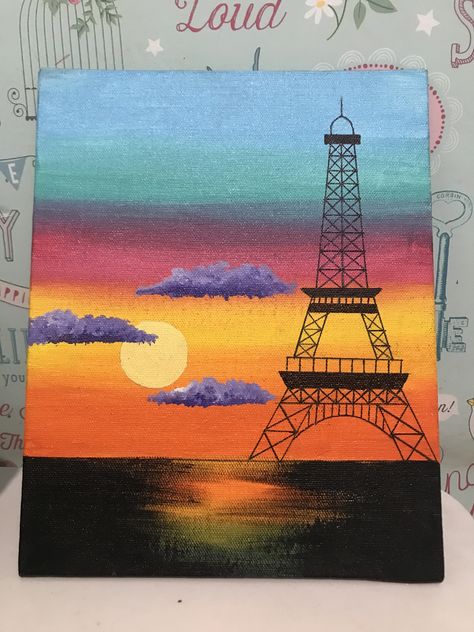 Eifell Tower Painting Easy, Art Gift Basket, Paris Art Painting, Paris Drawing, Drawing Sunset, Vinyl Paintings, Eiffel Tower Painting, Shadow Painting, Oil Pastel Drawings Easy