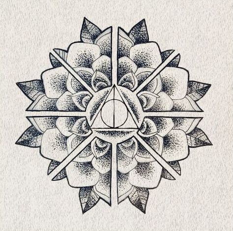 Amazing and beautiful Deathly Hallows mandala. Style: Dotwork. Color: Black. Tags: Best, Amazing Dandelion Tattoos, Deathly Hollows, Hp Tattoo, Geometric Mandala Tattoo, Mens Shoulder Tattoo, Elbow Tattoos, Harry Potter Tattoos, Harry Potter Tattoo, Inspiration Tattoo