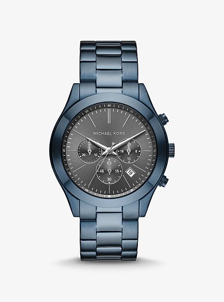 A perennial favorite our Slim Runway watch is updated with a contrasting dark-grey dial. This ultra-sleek style is crafted from blue-tone stainless steel with a polished bracelet strap and minimalist time stops and features chronograph details for precise timekeeping. Oversized Watches, Classy Watch, Michael Kors Men, Blue Tone, Sleek Style, Best Gifts For Men, Michael Kors Accessories, Sleek Fashion, Blue Tones