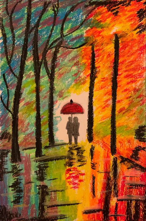 Art Oil Pastel, Using Oil Pastels, Couple Walking, Couples Walking, Oil Pastel Drawings, On A Rainy Day, Oil Pastels, Art Lesson, A Rainy Day