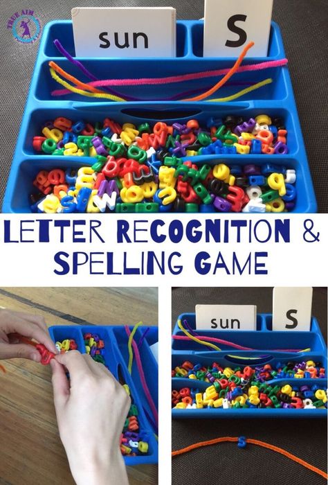 Hands on preschool activity - Letter Beads: Recognition and Spelling Game - great busy bag activity! Letter Bead Activities Preschool, Playschool Ideas, Bead Activities, Therapy Lessons, Task Bins, Abc Games For Kids, Cvc Practice, Spelling Ideas, Alphabet Party