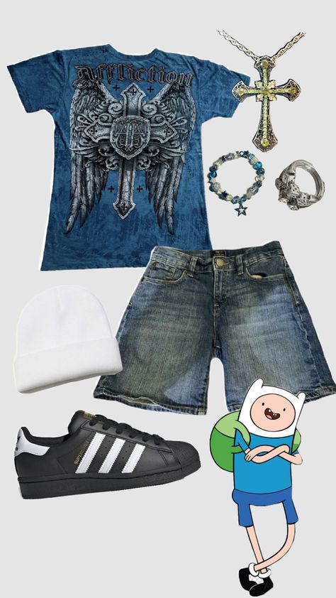 #finnthehuman #adventuretime #y2k #grungestyle #grungeoutfit #90s #2000 #outfit #Adidas #jorts 2000s Alt Fashion, 2000 Outfit, Outfit Adidas, Silly Clothes, 2000s Clothes, Finn The Human, Baggy Clothes, Street Fashion Men Streetwear, Guys Clothing Styles