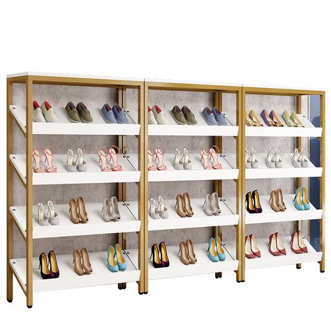 Shoe Rack Ideas For Boutique, Shoe Showroom Display, Metal Shoe Rack Ideas, Shoe Display Ideas Boutiques, Shoe Rack Glass, Shoe Display Retail, Shoe Rack Display, Design Shelves, Wall Shoe Rack