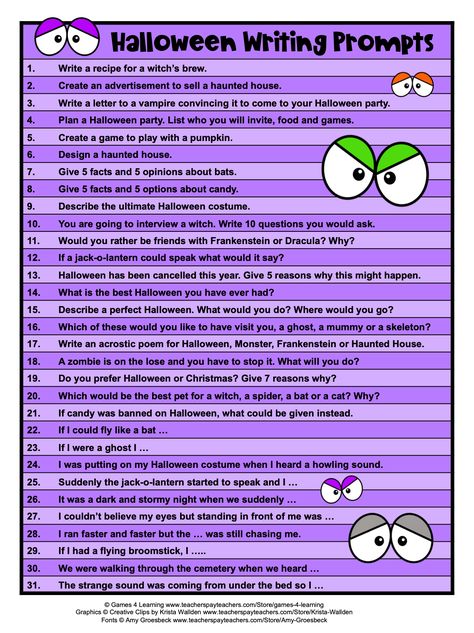 Halloween Writing Prompts - Fun writing ideas for Halloween! Halloween Writing 3rd Grade, Halloween Ela Activities 4th Grade, Fourth Grade Halloween Activities, Second Grade Writing Activities, Color By Number Halloween, 5th Grade Writing Prompts, Whiteboard Activities, Spooky Activities, 4th Grade Writing Prompts