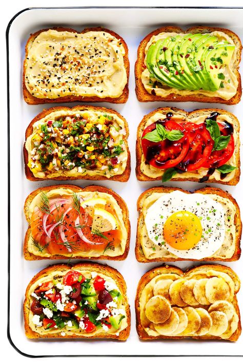 Hummus Toast, Toasted Sandwiches, Healthy Toast, Tomato Basil, Toast Recipes, Breakfast Lunch Dinner, Quick Breakfast, Fried Egg, Breakfast Lunch