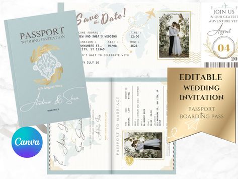 Passport Wedding Invitation Template Baby Blue, Gold, Passport Invitation, Destination Wedding, Passport Invitation Template, Canva Template #passportinvitation #weddinginvitation #destinationwedding #passportwedding #travelwedding #fallweddinginvites #boardingpassinvite #babybluewedding #invitationtemplate #canvatemplate #templatedownload #editableinvitation #editabletemplate Boarding Pass Invitation Template, Boarding Pass Invitation, Baby Blue Weddings, Passport Invitations, Passport Wedding Invitations, Printable Invitation Templates, Wedding Name, Beautiful Invitations, Travel Wedding