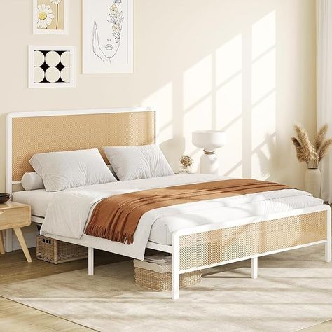 Amazon.com: GAOMON Full Size Rattan Bed Frame with Headboard, Modern Style Cane Boho Bed Frames with Heavy Duty Sturdy Steel Slat Support, No Box Spring Needed, White : Home & Kitchen