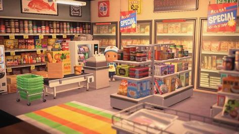 Acnh Convience Store, Acnh Grocery Store Designs, Acnh Convenience Store, Convenience Store Design Interiors, Acnh Supermarket, Acnh Grocery Store, Urban Island, Japanese Grocery, Japanese Town