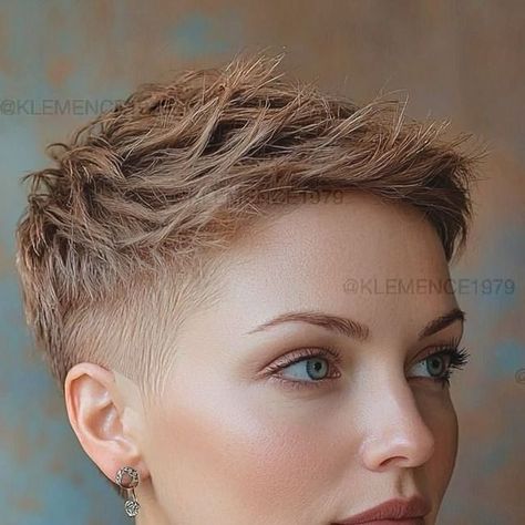 Short Hair Sweethearts on Instagram: "@klemence1979   ❤️😍❤️😍❤️😍❤️😍❤️😍❤️😍❤️😍❤️  #shorthair #shorthaircut #pixiecut #pixie #pixiehaircut #shorthairideas #hair #hairfashion #shorthairstyles #shavednape #buzzcutfeed #undercut #shorthairdontcare #hairporn #shorthairideas #shorthairrocks #girlswithshorthair #girlswithundercut #girlswithshavedheads #beautifulgirls #inkedgirls #girlswithtattoos #baldgirls #hairinspo #shorthairsweethearts" Pixie Undercut Hairstyles Round Faces, Very Short Pixie Haircut, Soft Butch, Girls With Shaved Heads, Short Curly Hairstyles For Women, Really Short Hair, Shaved Nape, Short Hair Ideas, Blonde Pixie Cuts