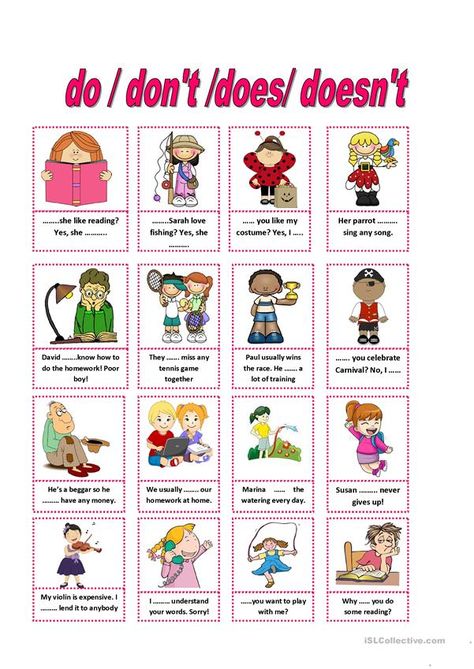 Do/don't/does/doesn't - English ESL Worksheets for distance learning and physical classrooms English Grammar For Kids, Grammar For Kids, Teaching English Grammar, English Exercises, Learning English For Kids, English Grammar Worksheets, English Worksheets For Kids, Vie Motivation, English Lessons For Kids