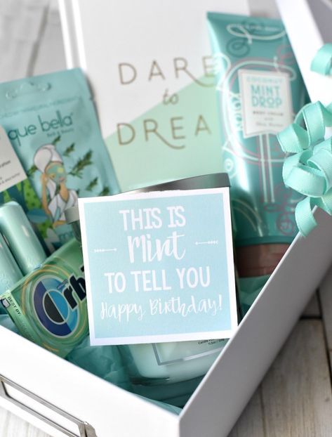 Mint Themed Gift-This cute gift basket is filled with all things mint and then has a cute "This is MINT to tell you Happy Birthday!" tag attached. So much fun to give and to receive. #giftideas #birthday Tradition Ideas, Happy Birthday Tag, Punny Gifts, Birthday Tag, Bday Gifts, Appreciation Ideas, Vbs Ideas, Birthday Gift Baskets, Birthday Tags