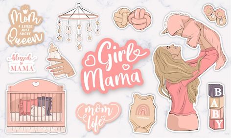 Cute stickers collection with baby girl ... | Premium Vector #Freepik #vector #childbirth #cartoon-svg #mother-cartoon #cartoon-art Feminine Branding Logo, Girl Power Stickers, Doodles Stickers, Floral Logo Design, Stickers Collection, Blog Banner, Logo Design Feminine, Baby Stickers, Scrapbook Stickers Printable