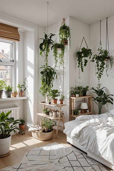 The image showcases a cozy bedroom with a white bed and a large window. The room is adorned with a variety of potted plants, creating a Scandinavian-inspired atmosphere. The plants are placed throughout the room, with some hanging from the ceiling and others placed on the floor or on shelves. The abundance of greenery adds a touch of nature and tranquility to the space, making it an inviting and relaxing environment. Feminine Genius, Bedroom Plants Decor, Earthy Bedroom, Living Room Plants, Small Bedroom Designs, Scandinavian Bedroom, White Bed, Bedroom Decor Cozy, Large Window