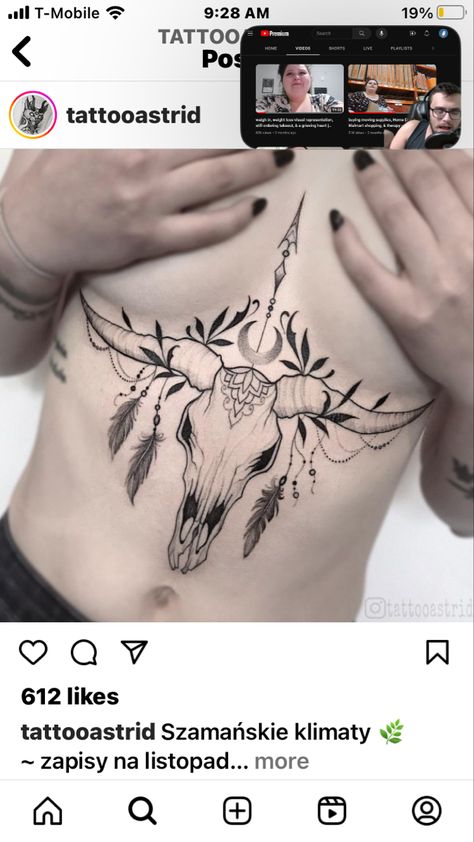 Witchy Underboob Tattoo, Bird Sternum Tattoo, Western Sternum Tattoo, Skull Sternum Tattoo, Deer Antler Tattoos, Antler Tattoos, Sternum Tattoos, Deer Skull Tattoos, Stag Tattoo