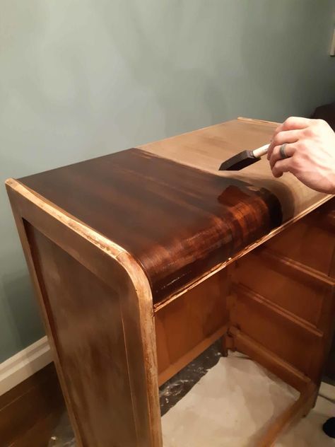 Painting Veneer Furniture, Vintage Art Deco Furniture, Veneer Furniture, Refinish Wood Furniture, Diy Furniture Repair, Waterfall Furniture, Refinished Vintage Furniture, Art Deco Bedroom Furniture, Waterfall Dresser