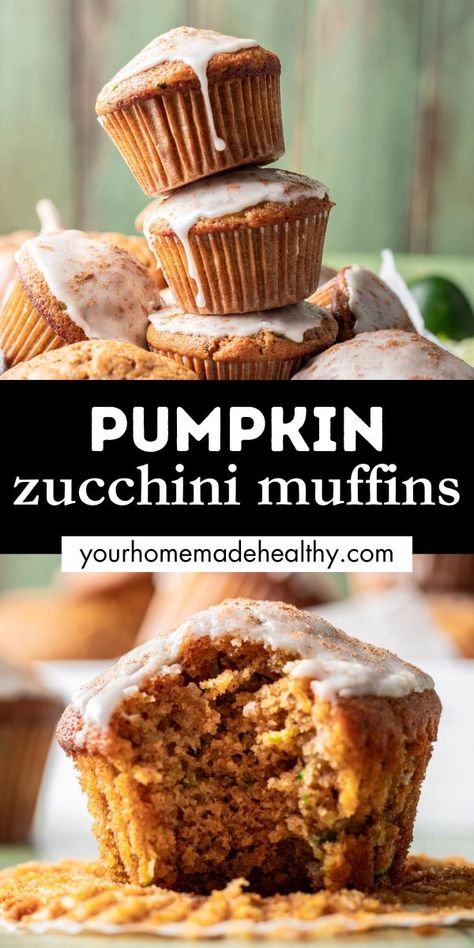 Pumpkin zucchini muffins with glaze on top stacked on top of each other. Pumpkin Zucchini Muffins, Pumpkin Zucchini Bread, Zucchini Desserts, Pumpkin Zucchini, Zucchini Muffins Healthy, Banana Zucchini Muffins, Zucchini Recipes Dessert, Zucchini Muffin Recipes, The Best Dessert