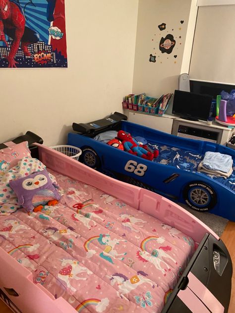 Brother and sister shared room. Pink and blue car beds Nursery Toddler Shared Room, Brother And Sister Shared Room, Sibling Bedroom Ideas Brother Sister Shared Rooms Bunk Bed, Kids Room Shared Brother Sister, Siblings Room Sharing Brother Sister, Brother Sister Room Sharing, Sibling Bedroom Ideas Brother Sister, Brother And Sister Bedroom Ideas, Brother And Sister Shared Bedroom