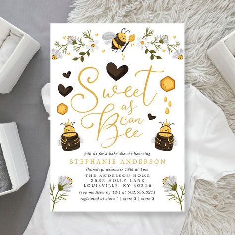 $2.65 | Sweet As Can Bee Honeycomb Bumblebee Baby Shower | Baby Shower Invitations | sweet as can bee, mommy to bee, bumblebee, honeycomb, honey bee, gender neutral, floral daisy, mama to bee, bee baby shower, summer spring baby shower Coed Baby Shower Invitations, Gender Neutral Invitations, Sweet As Can Bee, Bee Baby Shower Invitations, Mommy To Bee, Bumble Bee Baby Shower, Gender Neutral Baby Shower Invitations, Couples Baby Showers, Coed Baby Shower