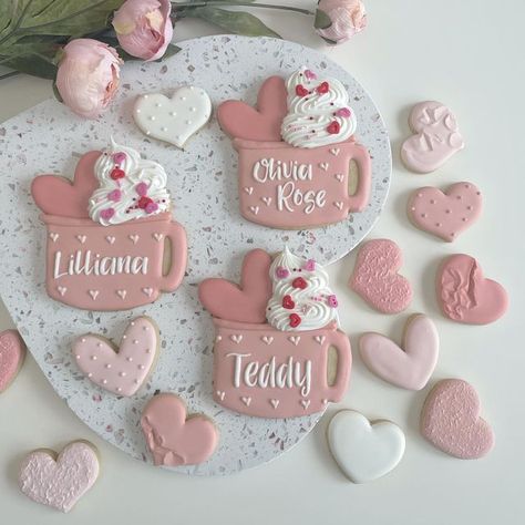 Valentine Cookie Designs, Valentine’s Day Sugar Cookies, Valentine Mug Cookies Decorated, Decorated Valentine Cookies, Valentine’s Day Cookies, Valentine Birthday Cookies Decorated, Frosted Sugar Cookies Valentines Day, Valentines Cookies Decorated Ideas, Valentines Sugar Cookies