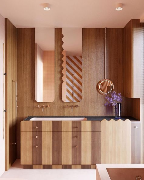 Wood Panel Bathroom, Beautiful Bathroom Ideas, Colorful Terrazzo, Bathroom Dimensions, Polished Plaster, Bathroom Vanity Designs, Cabinet Detailing, Vanity Design, Big Bathrooms