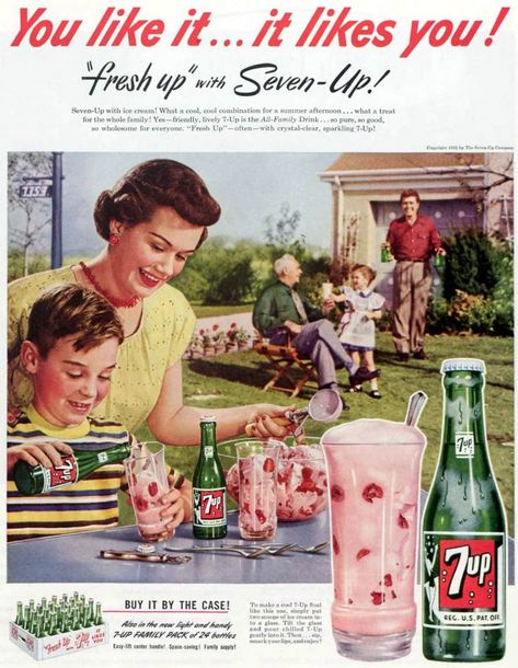 7-Up float: Combine Seven-Up soda & ice cream for a truly retro treat - Click Americana 1950s Ads, 1950s Advertising, Vintage Coca Cola, Old Advertisements, Retro Advertising, Food Ads, Retro Ads, Retro Recipes, Old Ads