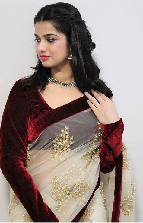 Velvet Blouse Full Sleeves, Velvet Full Sleeve Blouse Designs, Velvet Full Sleeve Blouse, Full Sleeves Blouse Designs, Velvet Blouse Design, Nikesha Patel, Cutwork Blouse, Full Sleeve Blouse, Saree Style