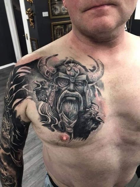 Viking Chest Tattoo Heathen Tattoo, Chest Tattoos Ideas, Chest Tattoo Girl, Nordic Tattoos, Ny Tattoo, Viking Tattoos For Men, Odin Tattoo, Revival Tattoo, Scandinavian Tattoo