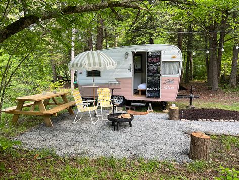 Vintage RV Trailer Resort | Boheme Retreats | Livingston Manor Camp Trailer Remodel, Comfy Bench, Portable Ac Unit, Air Stream, Camp Trailer, Go Glamping, Vintage Rv, Trailer Living, Glamping Site