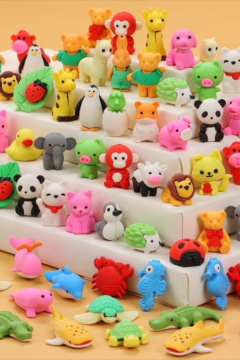 Puzzle pencil erasers: Use for Desk Pets. Funny Toys animal erasers: 70PC animal eraser contains 35 different animals, which is individually packaged perfect for classroom student prize reward puzzle erasers and easter gifts Cute Erasable Pens, Mini Eraser Desk Pets, Kawaii Pen Holders For Students, Puzzle Erasers, Kawaii Erasers, Erasers Cute, Desk Pets, Student Prizes, Box Party Favors