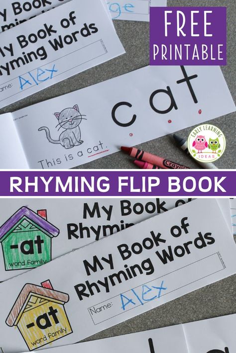 This printable rhyming book will help kids understand the concept of rhyme. Kids see that the end of each word remains the same as they flip the pages. This free printable is perfect for your early literacy centers in preschool, pre-k or kindergarten or at home.  The emergent reader is perfect for independent or small group activities.  Better than worksheets, the flip book is fun and interactive.  phonological awareness and phonemic awareness four young children. Centers In Preschool, Sound Activities, Preschool Activities At Home, Word Family Activities, Early Literacy Activities, Phonemic Awareness Activities, Rhyming Activities, Kindergarten Readiness, Rhyming Books