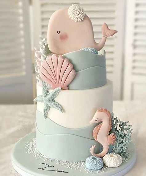 Sea Dessert Ideas, Under Water Cake Sea Theme, Classy Under The Sea Theme, White Mermaid Cake, Oneder The Sea Birthday Cake, Ocean Baby Shower Theme Girl, Two The Sea Birthday Party Girl, Oneder The Sea 1st Birthday Cake, Under The Sea Baby Shower Cake