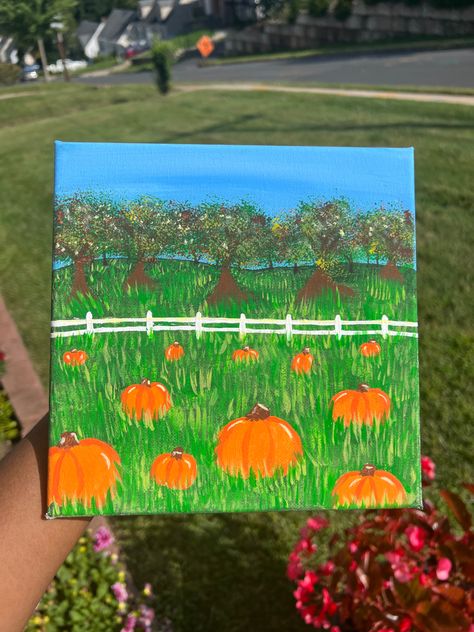 I like pumpkins so I made a pumpkin patch 🧡 Pumpkin Patch Painting Easy, Pumpkin Patch Painting, Fall Paintings, Pumpkin Garden, Work Art, Pumpkin Halloween Decorations, Easy Canvas Painting, Small Pumpkins, Art Things