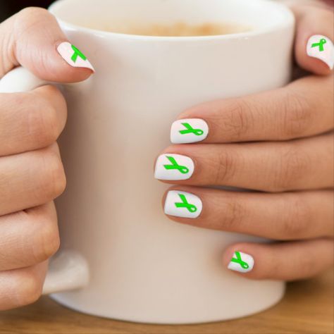 Lime Green Awareness Ribbon On Nail Coverings Minx Nail Wraps Gender: unisex. Age Group: adult. St Patricks Day Nails, Green Nail Art, Minx Nails, Fall Acrylic Nails, Purple Grapes, Romantic Flowers, Halloween Nail Art, Autumn Nails, Halloween Party Costumes