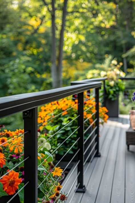 Transform your outdoor decks with these 5 creative cable railing tips! Discover how cable railings can add modern style and improve your outdoor visibility, all while ensuring safety and durability. Whether you're building a new deck or updating an existing one, our easy-to-follow guide will spark your imagination. Explore different materials, color combinations, and design angles that can elevate your space into a stunning retreat! Get inspired to bring your deck dreams to life with practical ideas today. Modern Outdoor Railing Ideas, Mid Century Modern Deck Railing, Decks With Cable Railing, Inexpensive Deck Railing Ideas, Deck Colors For Gray House, Back Deck Ideas, Unique Deck Railing Ideas, Mid Century Modern Deck, Deck Furniture Ideas