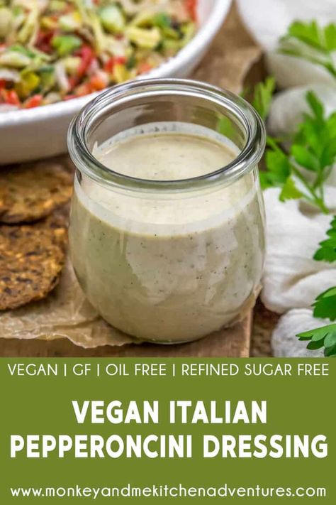 Creamy, bold and herbaceous, this Vegan Italian Pepperoncini Dressing is all about those deliciously tangy pepperoncini peppers. #wholefoodplantbased #vegan #oilfree #glutenfree #plantbased | monkeyandmekitchenadventures.com Pepperoncini Dressing, Vegan Italian Dressing, Oil Free Salad Dressing, Monkey And Me Kitchen Adventures, Monkey And Me, Vegan Salad Dressing, Pepperoncini Peppers, Vegan Dressing, Sugar Free Vegan